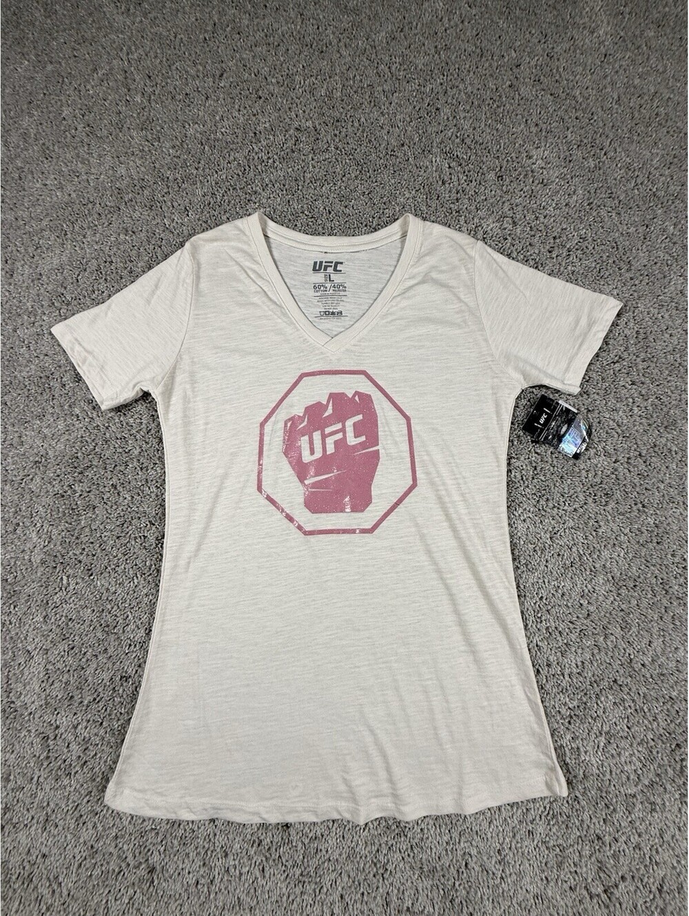 UFC Women's V-Neck Graphic Print Glitter Lightweight T-Shirt White/Pink L